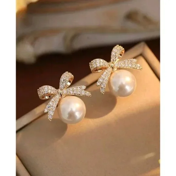 Anthropologie Pearl and Bow Gold Rhinestone Earrings - Picture 2 of 4